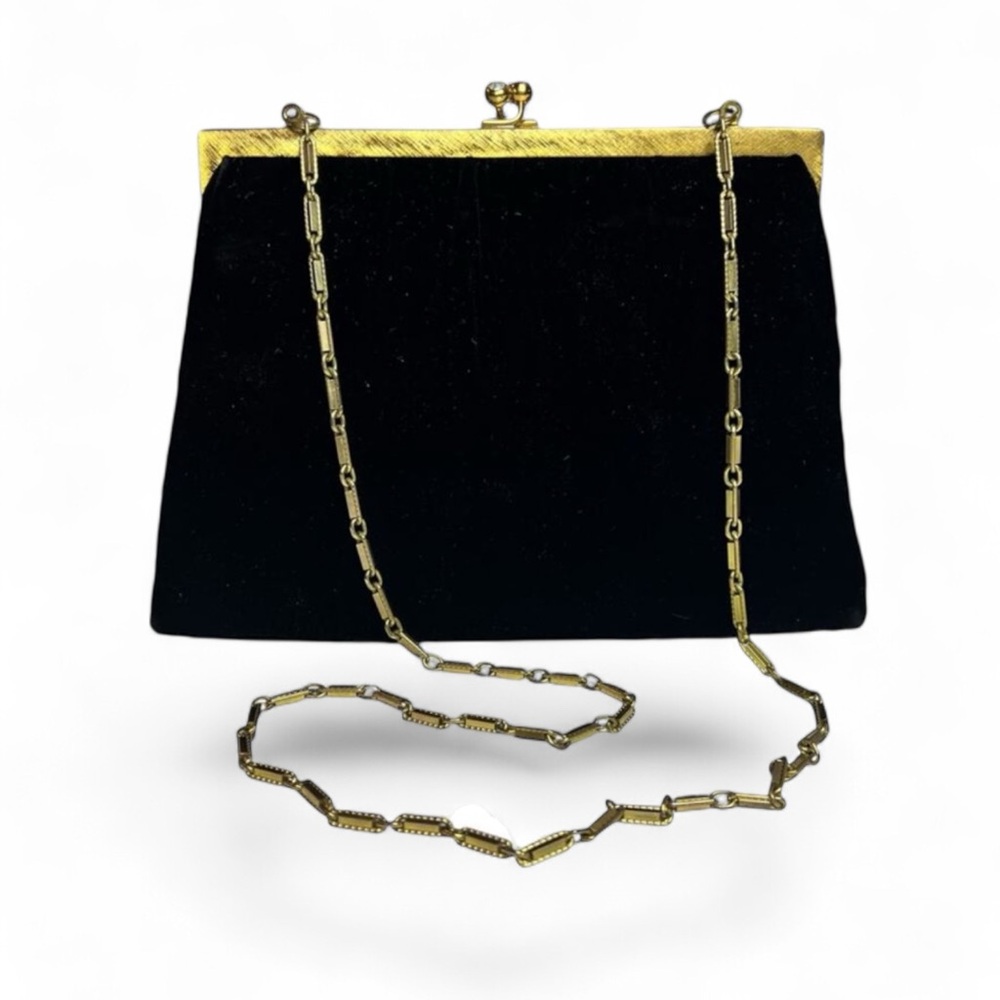 Vintage MM Morris Moskowitz Black Velvet Clutch Bag Gold Chain Strap